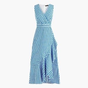 Jcrew, V-neck ruffle wrap, blue and white gingham dress